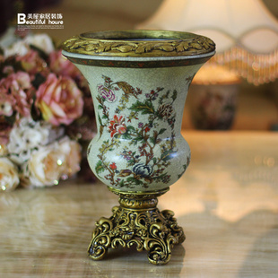 欧式复古陶瓷工艺品花瓶手绘台面圆口裂纹花瓶花器花盆 HP068
