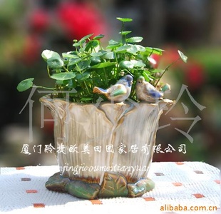 批发陶瓷工艺品花园园艺装饰 窑变陶瓷花盆花器 双鸟花缸