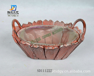 厂家直供田园风格、木质园艺品、双耳红色花盆、花园装饰用品