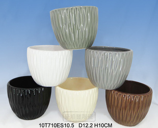 陶瓷工艺品 白云土色釉扁橄榄条纹圆形花盆花缸