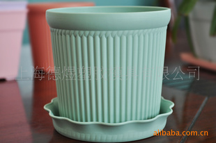 圆形塑料条纹花盆 塑料带盆托花盆容器