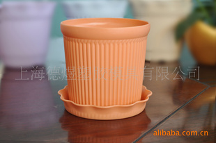 橙色圆形条纹塑料花盆容器 彩色花盆容器 花盆批发  塑料花盆