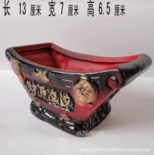 陶瓷 花盆 船型(财源滚滚)酒红色加金色/花盆批发