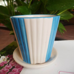 批发室内小盆栽陶瓷小花盆  (蓝白)条纹