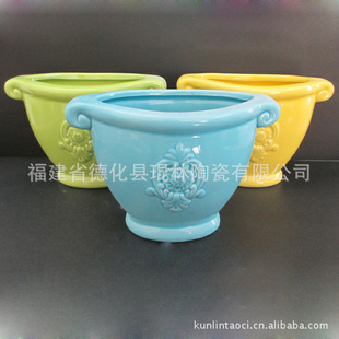 陶瓷花盆   椭圆形陶瓷花盆  绿色椭圆形陶瓷花盆  古典花纹