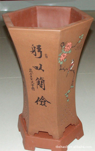 高档宜兴紫砂花盆/兰花盆/千筒/吴奎-六方画缸,红拼