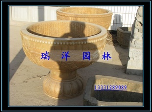 厂家直销中式庭院花园别墅汉白玉石材花盆黄锈石花钵景观摆件
