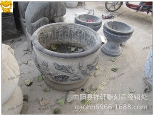 曲阳仿古石缸摆件|青石雕花水缸|仿古做旧石花盆|圆形雕荷花石缸