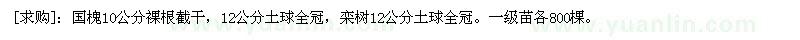 求购国槐10公分裸根截干，栾树12公分土球全冠