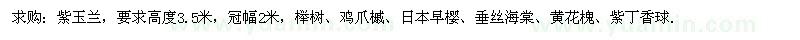 求购紫玉兰、榉树、鸡爪槭、日本早樱、垂丝海棠、黄花槐、紫丁香球