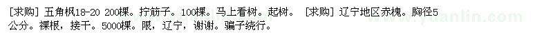 求购五角枫18-20 200棵 辽宁地区赤槐