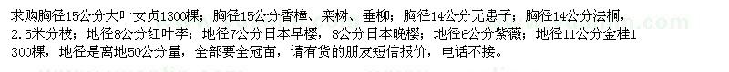 求购大叶女贞、金桂、香樟、栾树、紫薇、垂柳、无患子、法桐、红叶李等