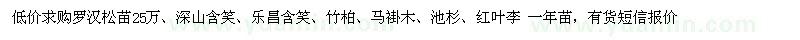 求购罗汉松苗25万、深山含笑、乐昌含笑、竹柏、马褂木、池杉、红叶李