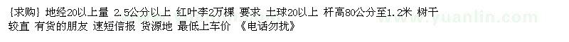 求购地经20以上量 2.5公分以上 红叶李2万棵（河南省许昌市）