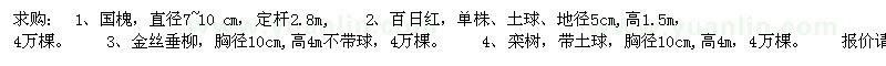 求购国槐、百日红、金丝垂柳、栾树