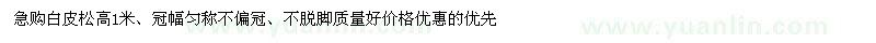 求购白皮松高1米、冠幅匀称不偏冠、不脱脚