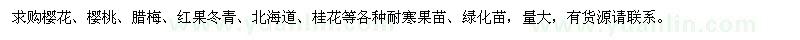 求购樱花、樱桃、腊梅、红果冬青、北海道、桂花