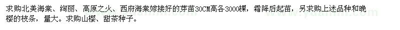 求购北美海棠、绚丽、高原之火、西府海棠嫁接好的芽苗30CM高各3000