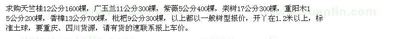 求购天竺桂、广玉兰、紫薇、栾树、重阳木、香樟、枇杷