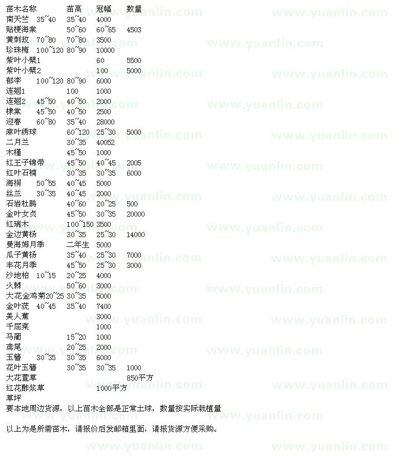 求购南天竺、贴梗海棠、黄刺玫、珍珠梅、紫叶小檗、郁李等苗木求购单