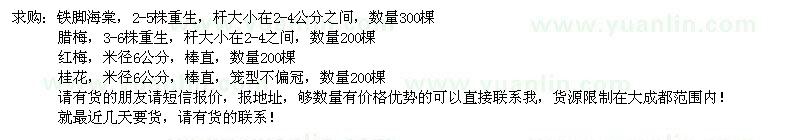 求购铁脚海棠、腊梅、红梅等苗木