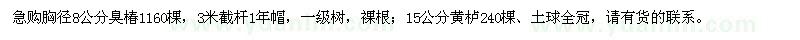 求购胸径8公分臭椿、15公分黄栌