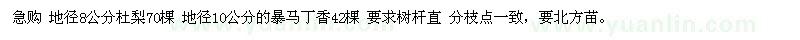 求购地径8公分杜梨、地径10公分暴马丁香