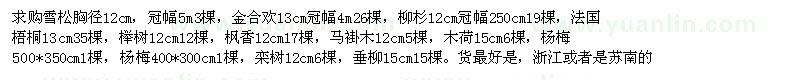 求购雪松、金合欢、柳杉、法国梧桐、榉树、枫香、马褂木、木荷、杨梅、栾树、垂柳