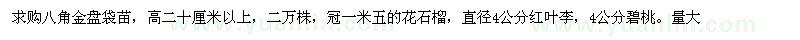 求购八角金盘、花石榴、红叶李、碧桃