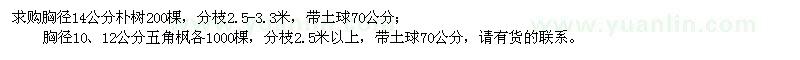 求购胸径14公分朴树、胸径10、12公分五角枫