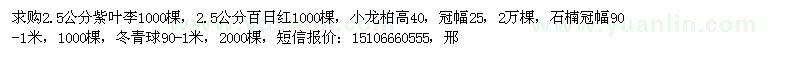 求购2.5公分紫叶李、百日红、小龙柏