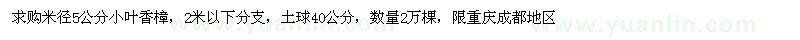 求购米径5公分小叶香樟 数量2万棵