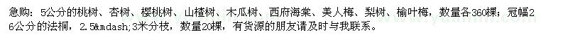 求购桃树、杏树、樱桃树、山楂树、木瓜树、西府海棠、美人梅、梨树