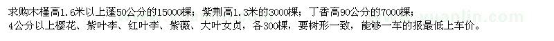 求购木槿、紫荆、丁香、樱花、紫叶李、红叶李、紫薇、大叶女贞