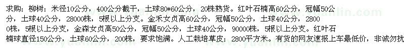 求购柳树、红叶石楠、金禾女贞、金森女贞、红叶石楠球、人工栽培草皮