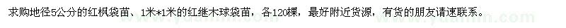 求购地径5公分红枫袋苗、1米红继木球袋苗