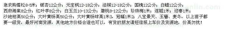 求购雪松、银杏、元宝枫、法桐等苗木