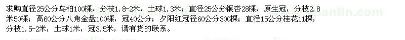 求购鸟柏、银杏、八角金盘、桂花、夕阳红