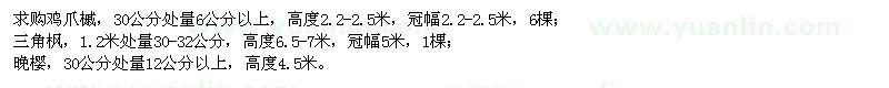 求购鸡爪槭、三角枫、晚樱、海棠、单杆桂花