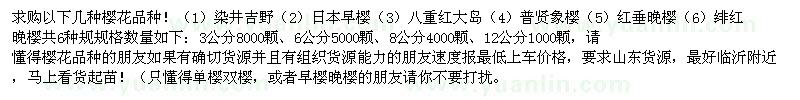 求购染井吉野、日本早樱、八重红大岛、普贤象樱、红垂晚樱、绯红晚樱