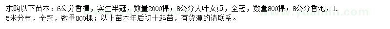 求购香樟、大叶女贞、香泡