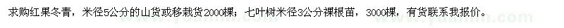 求购米径5公分红果冬青、米径3公分七叶树