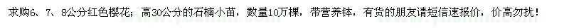 求购6、7、8公分红色樱花、高30公分石楠苗