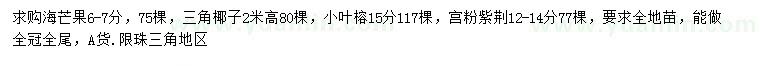 求购海芒果、三角椰子、宫粉紫荆等