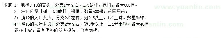 求购杏树、复叶槭、大叶女贞