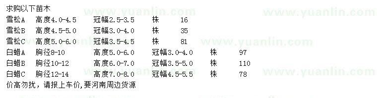 求购高4-6米雪松、8-14公分白蜡