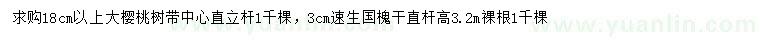 求购18公分以上大樱桃树、3公分速生国槐