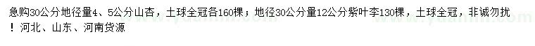 求购30量4、5公分山杏、30量12公分紫叶李