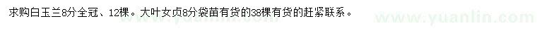 求购8公分白玉兰、大叶女贞