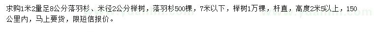 求购1米2量足8公分落羽杉、米径2公分榉树